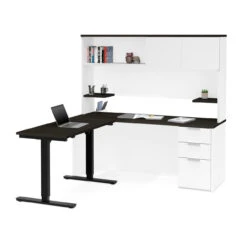 Bestar Pro-Concept Plus 72W L-Shaped Standing Desk With Pedestal And Hutch In White & Deep Grey - 110896-17