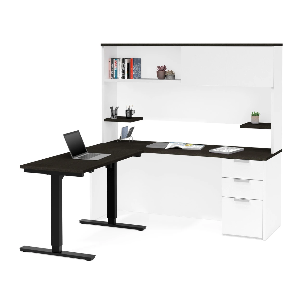 Bestar Pro-Concept Plus 72W L-Shaped Standing Desk With Pedestal And Hutch In White & Deep Grey - 110896-17