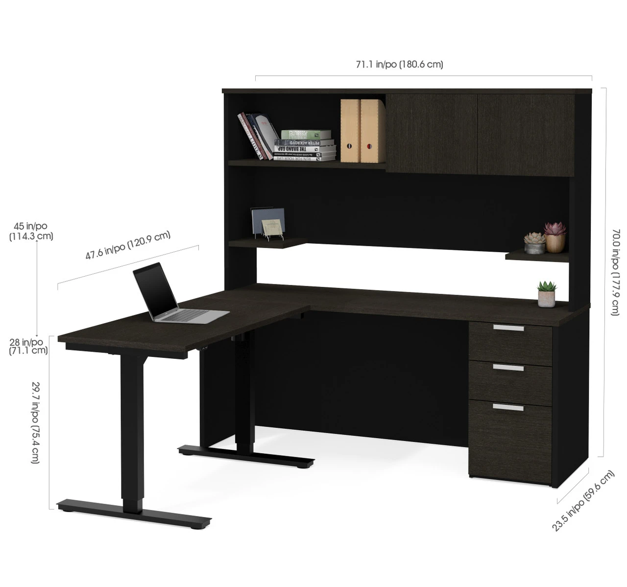Bestar Pro-Concept Plus 72W L-Shaped Standing Desk With Pedestal And Hutch In Deep Grey & Black - 110896-32 - Image 2