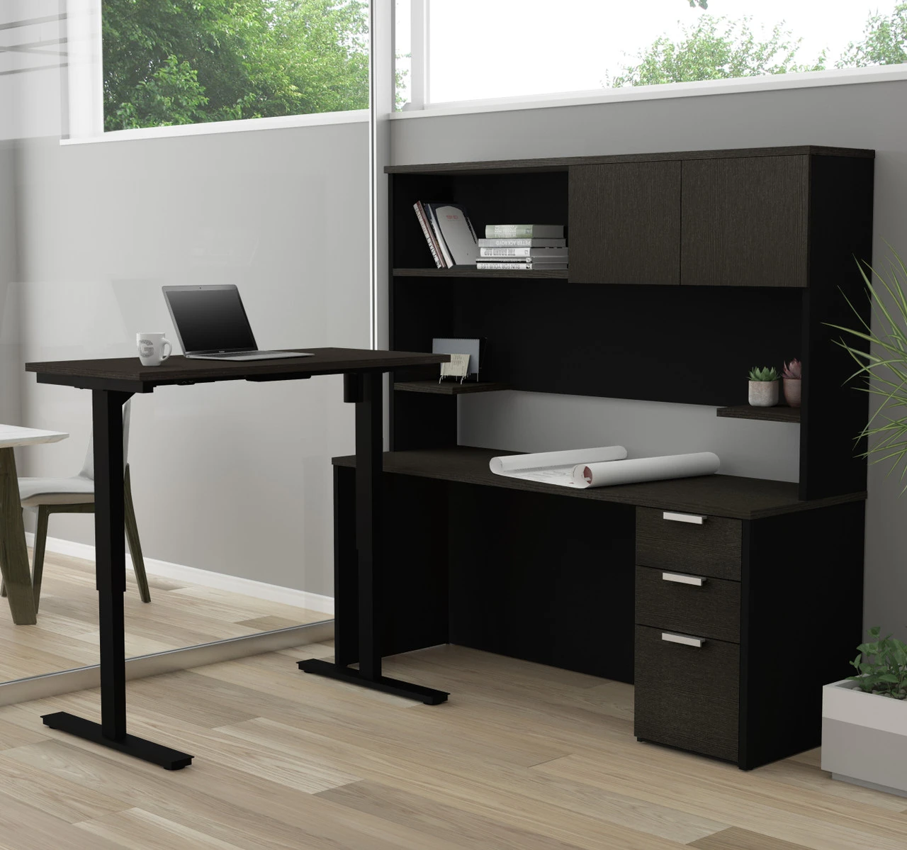 Bestar Pro-Concept Plus 72W L-Shaped Standing Desk With Pedestal And Hutch In Deep Grey & Black - 110896-32 - Image 3