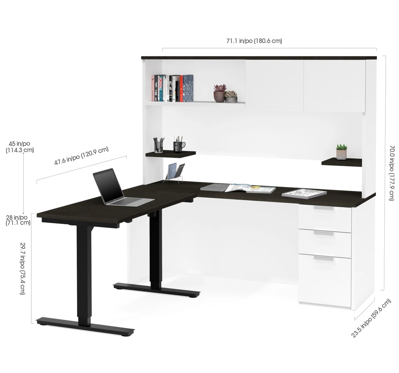Bestar Pro-Concept Plus 72W L-Shaped Standing Desk With Pedestal And Hutch In White & Deep Grey - 110896-17 - Image 2