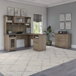 Bush Furniture Cabot 60W L Shaped Computer Desk With Hutch And Lateral File Cabinet In Ash Gray - CAB005AG