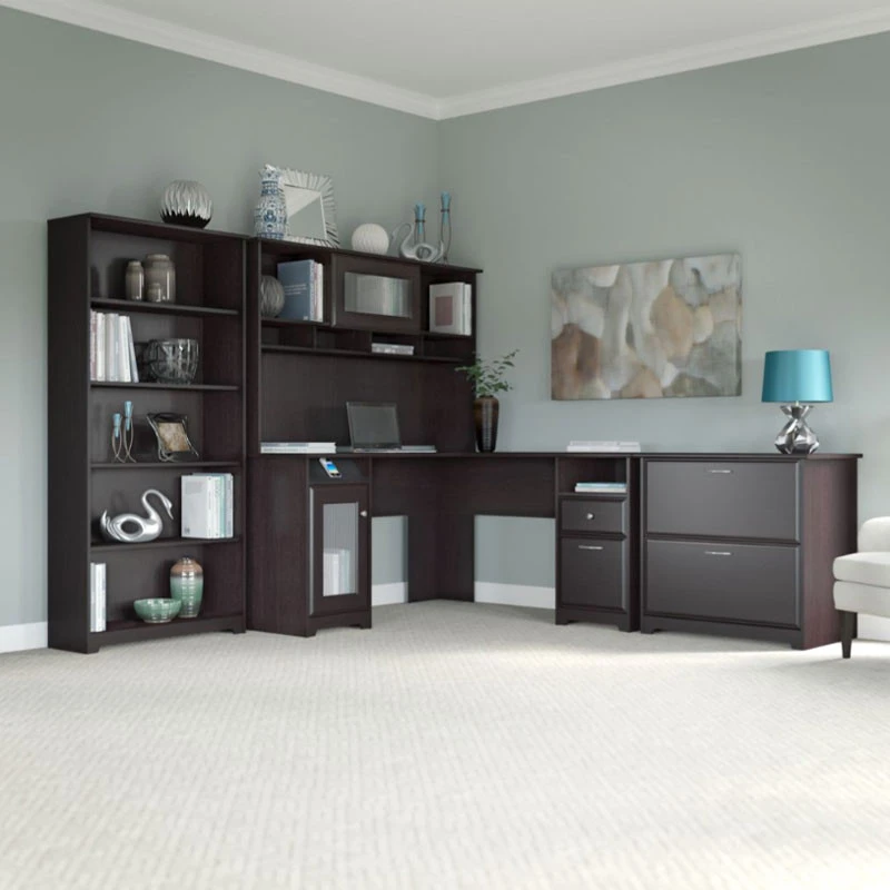 Bush Furniture Cabot Collection 60W L Shaped Computer Desk With Hutch, File Cabinet And Bookcase Espresso Oak - CAB010EPO