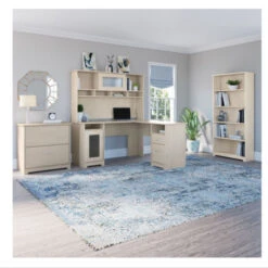 Bush Furniture Cabot Collection 60W L Shaped Computer Desk With Hutch, File Cabinet And Bookcase Linen White Oak - CAB010LW