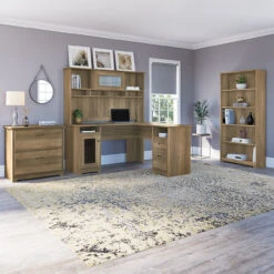 Bush Furniture Cabot Collection 60W L Shaped Computer Desk With Hutch, File Cabinet And Bookcase Reclaimed Pine - CAB010RCP