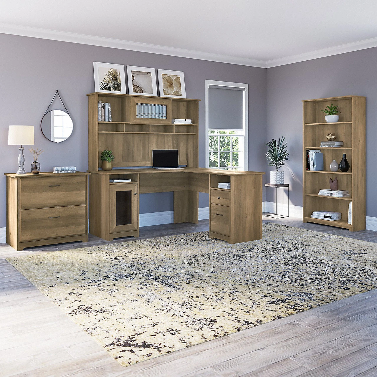 Bush Furniture Cabot Collection 60W L Shaped Computer Desk With Hutch, File Cabinet And Bookcase Reclaimed Pine - CAB010RCP