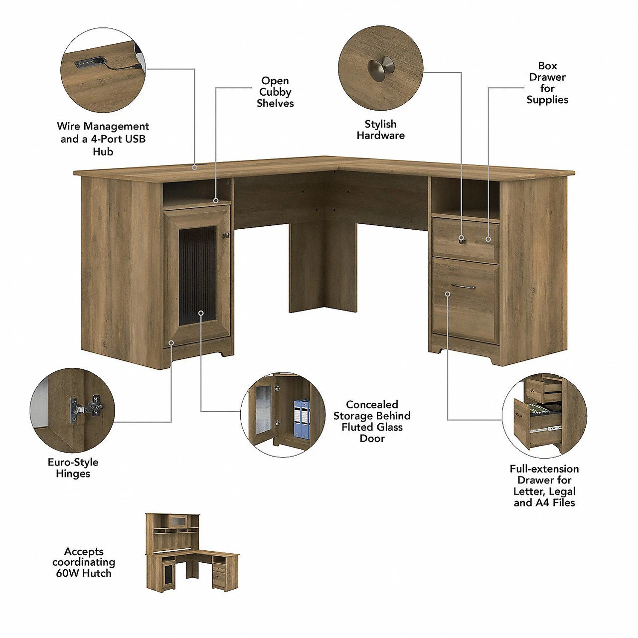 Bush Furniture Cabot Collection 60W L Shaped Computer Desk With Hutch, File Cabinet And Bookcase Reclaimed Pine - CAB010RCP - Image 10