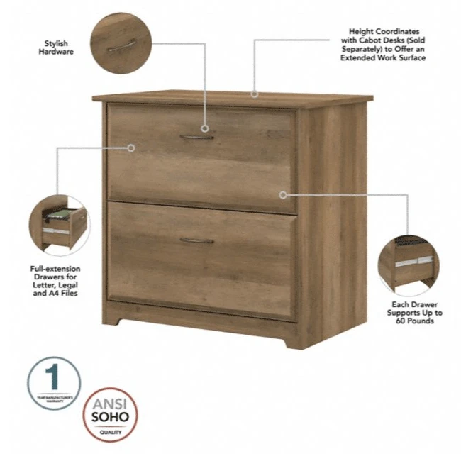 Bush Furniture Cabot Collection 60W L Shaped Computer Desk With Hutch, File Cabinet And Bookcase Reclaimed Pine - CAB010RCP - Image 7