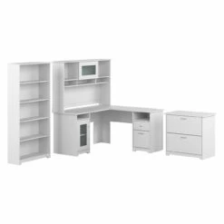 Bush Furniture Cabot Collection 60W L Shaped Computer Desk With Hutch, File Cabinet And Bookcase White - CAB010WHN
