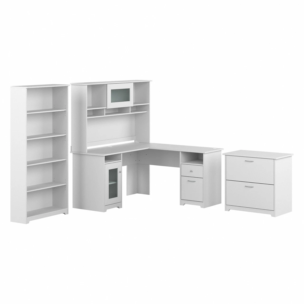 Bush Furniture Cabot Collection 60W L Shaped Computer Desk With Hutch, File Cabinet And Bookcase White - CAB010WHN