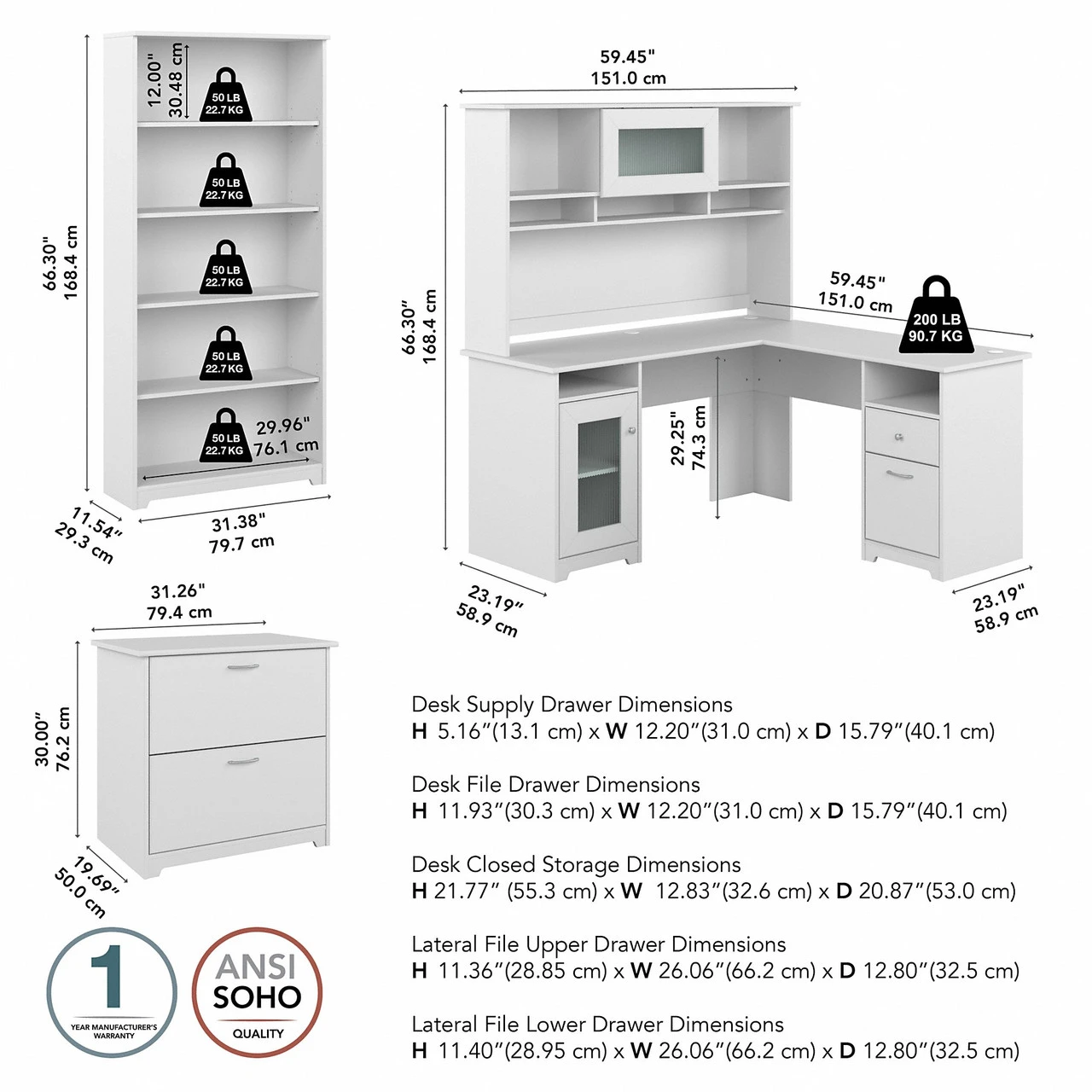 Bush Furniture Cabot Collection 60W L Shaped Computer Desk With Hutch, File Cabinet And Bookcase White - CAB010WHN - Image 2