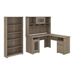 Bush Furniture Cabot 60W L Shaped Computer Desk With Hutch And 5 Shelf Bookcase In Ash Gray - CAB011AG