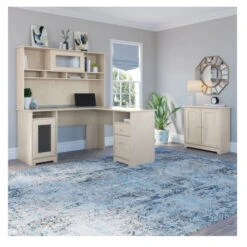 Bush Furniture Cabot Collection 60W L Shaped Computer Desk With Hutch And Small Storage Cabinet Linen White Oak - CAB016LW