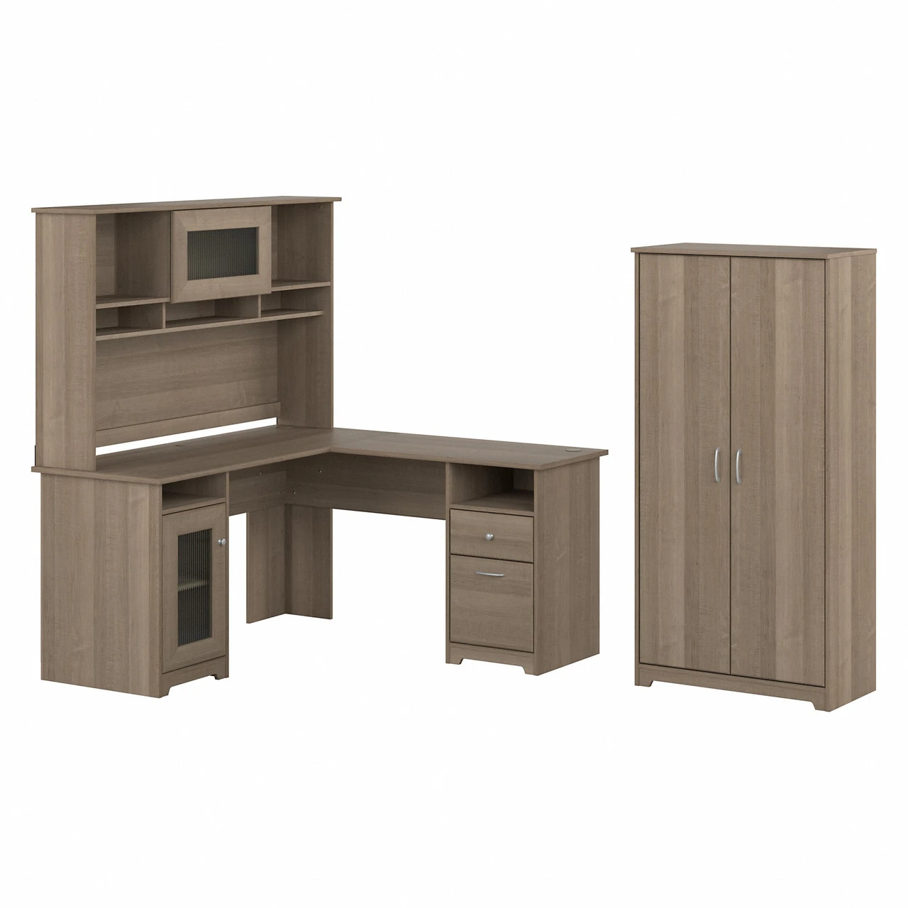 Bush Furniture Cabot Collection 60W L Shaped Computer Desk With Hutch And Tall Storage Cabinet Ash Gray - CAB017AG