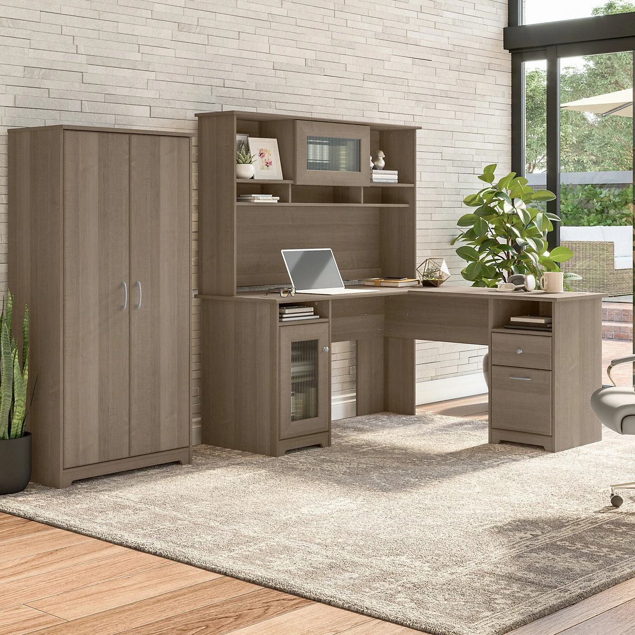 Bush Furniture Cabot Collection 60W L Shaped Computer Desk With Hutch And Tall Storage Cabinet Ash Gray - CAB017AG - Image 2