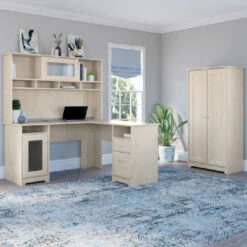 Bush Furniture Cabot Collection 60W L Shaped Computer Desk With Hutch And Tall Storage Cabinet Linen White Oak - CAB017LW