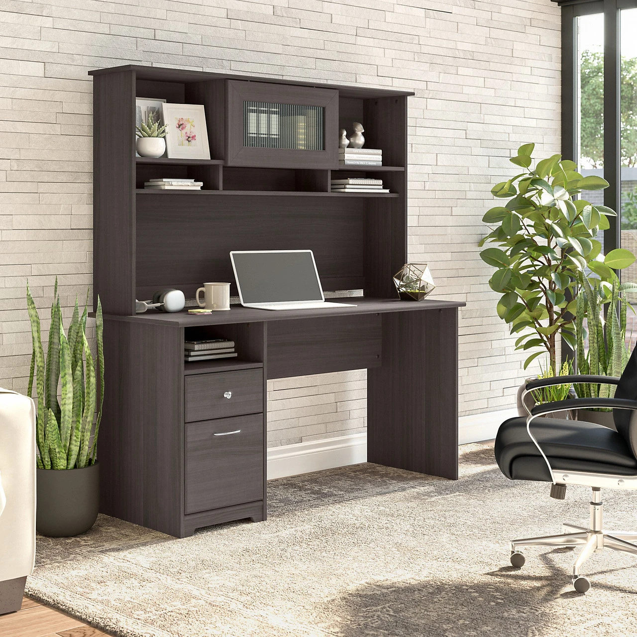Bush Furniture Cabot Collection 60W 3 Position Sit To Stand L Shaped Desk With Hutch Heather Gray - CAB042HRG - Image 2