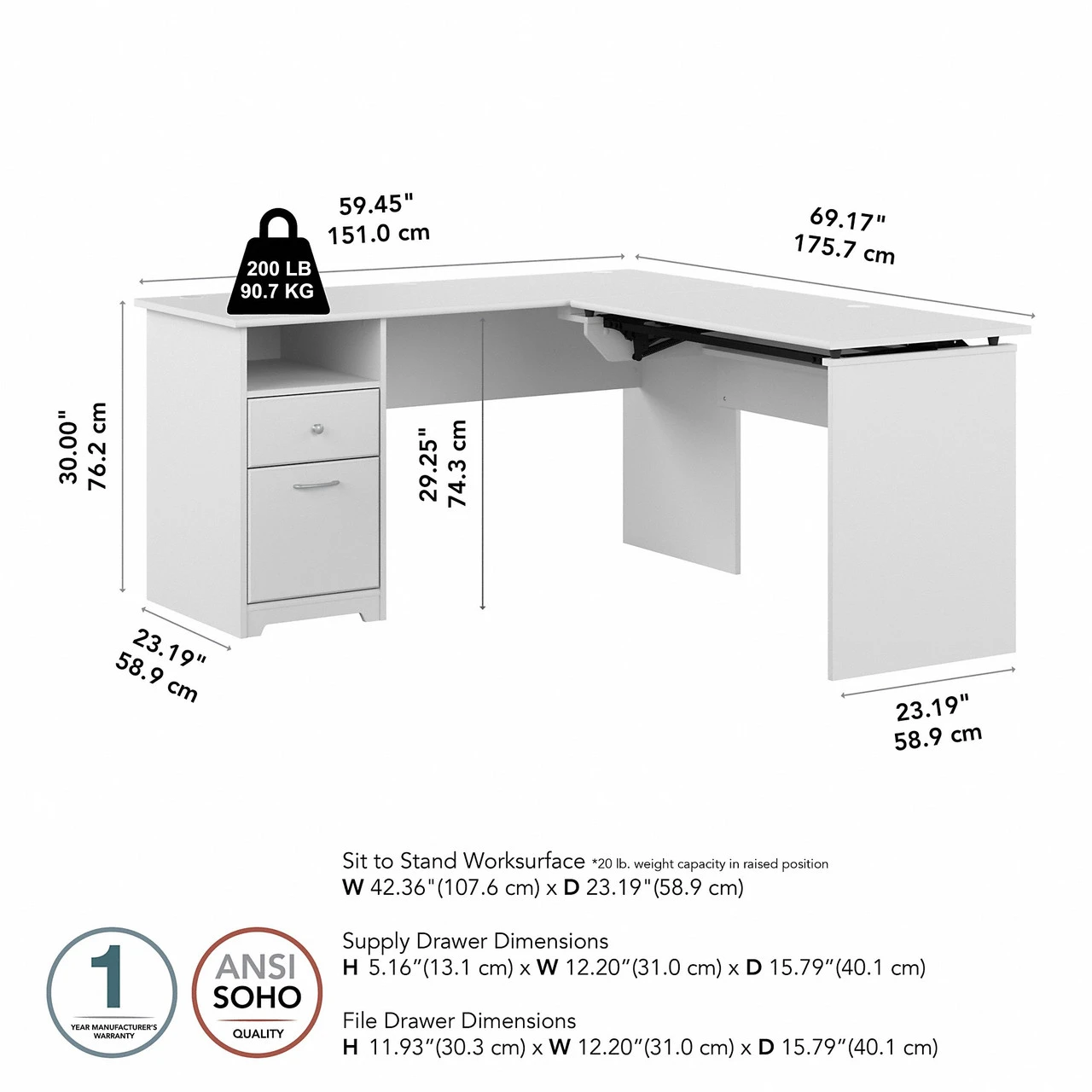 Bush Furniture Cabot Collection 60W L Shaped Computer Desk With Drawers White - CAB043WHN - Image 3