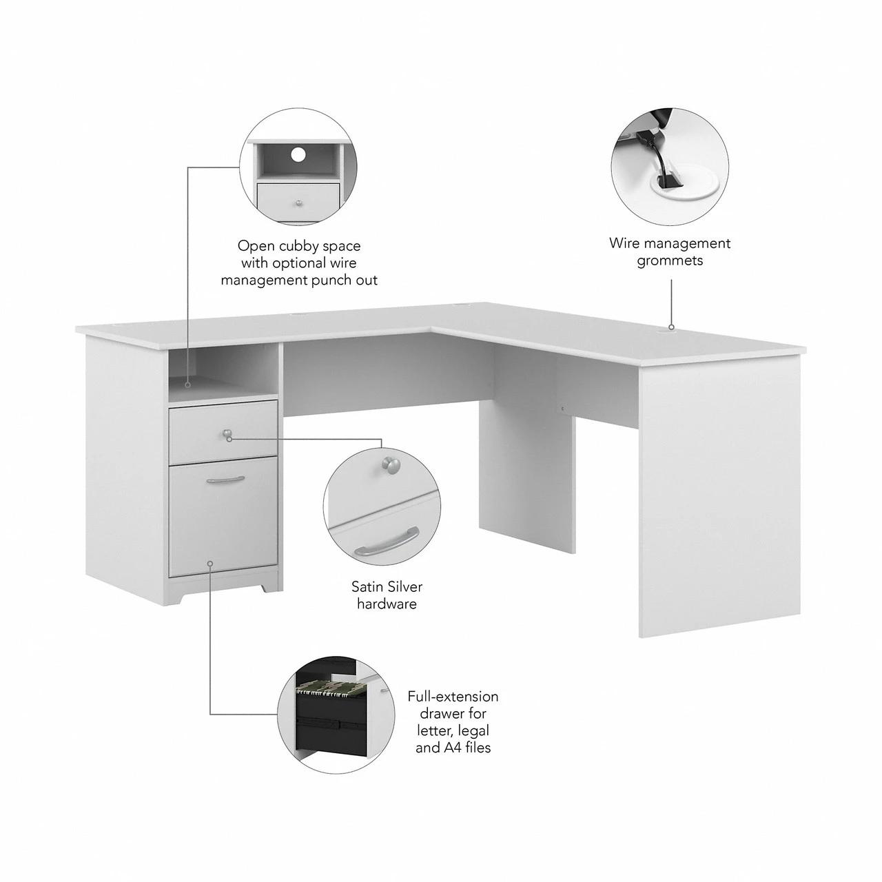 Bush Furniture Cabot Collection 60W L Shaped Computer Desk With Drawers White - CAB044WHN - Image 7