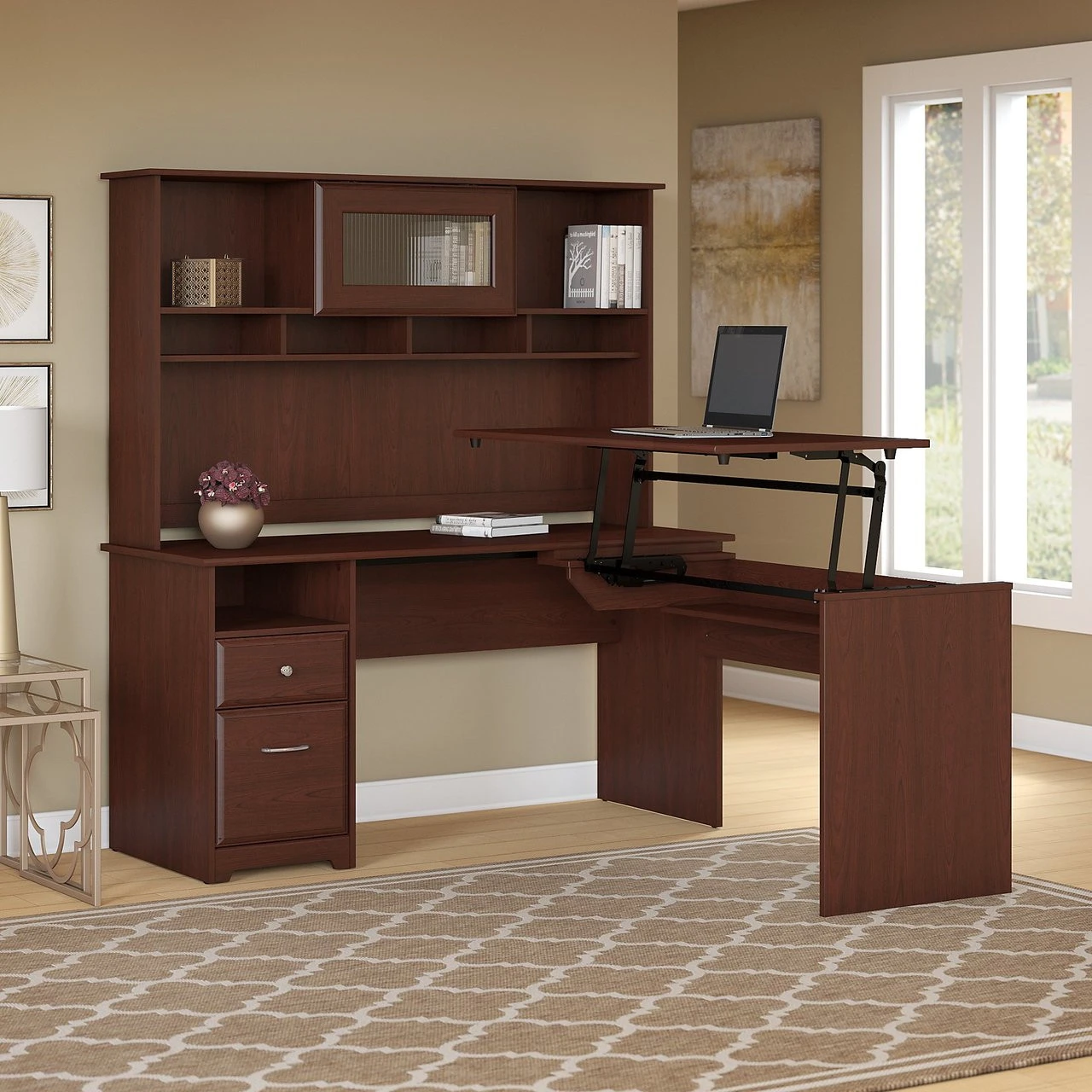Bush Furniture Cabot Collection 60W 3 Position Sit To Stand L Shaped Desk With Hutch Harvest Cherry - CAB045HVC
