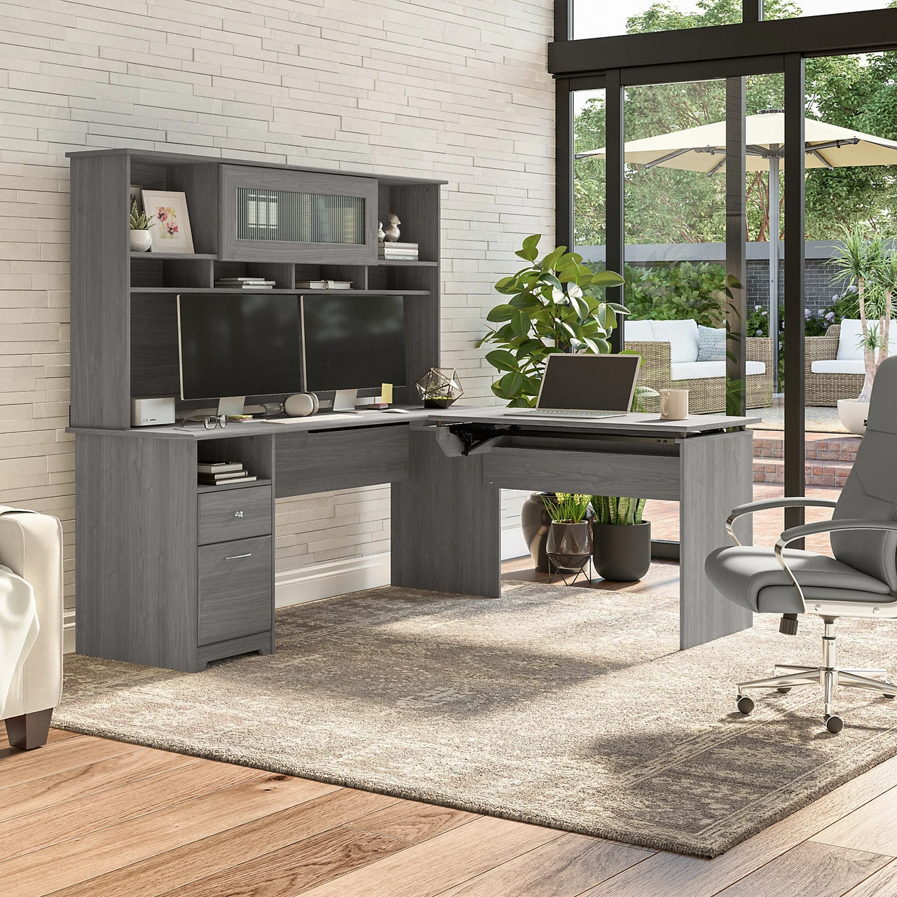 Bush Furniture Cabot Collection 72W 3 Position Sit To Stand L Shaped Desk With Hutch Modern Gray - CAB052MG - Image 4