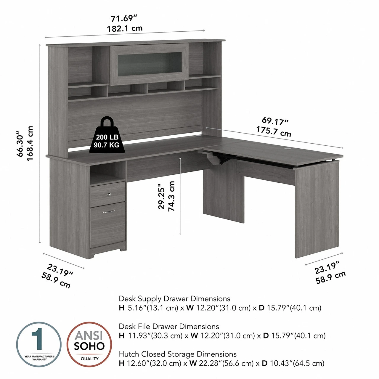 Bush Furniture Cabot Collection 72W 3 Position Sit To Stand L Shaped Desk With Hutch Modern Gray - CAB052MG - Image 2