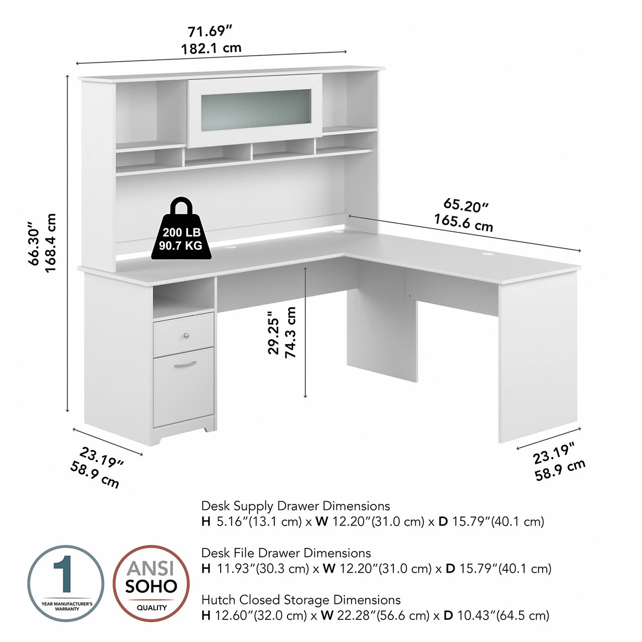 Bush Furniture Cabot Collection 72W L Shaped Computer Desk With Hutch And Drawers White - CAB053WHN - Image 2