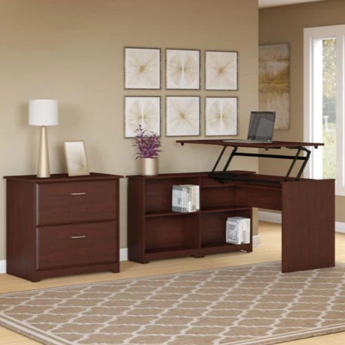 Bush Cabot Collection Sit-to-Stand Corner Bookshelf Desk And Lateral File - CAB056HVC