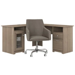 Bush Cabot Collection 60W L Shaped Desk Mid Back Leather Box Chair Ash Gray - CAB059AG