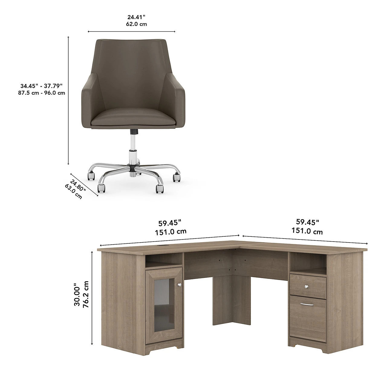 Bush Cabot Collection 60W L Shaped Desk Mid Back Leather Box Chair Ash Gray - CAB059AG - Image 2