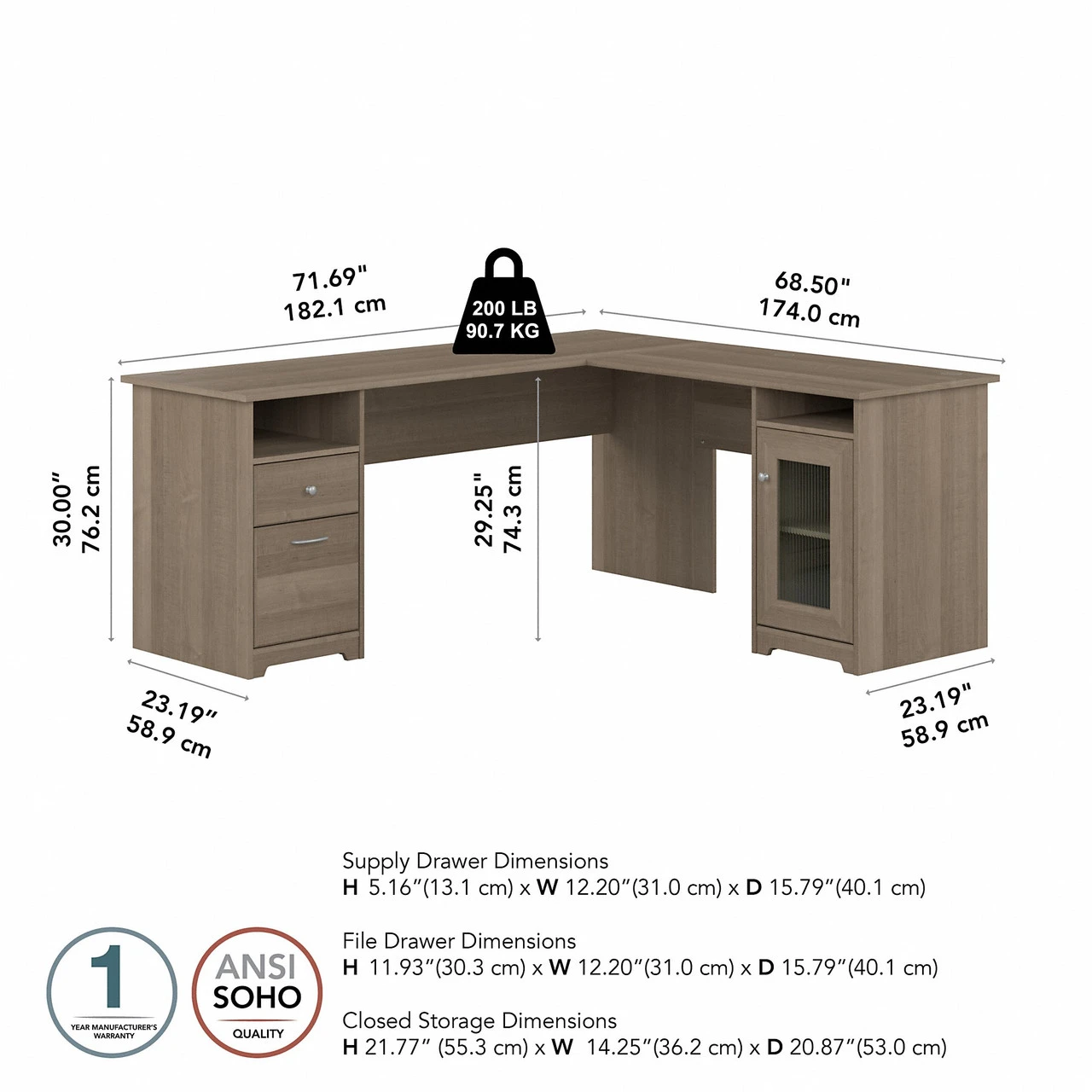 Bush Furniture Cabot Collection 72W L Shaped Computer Desk With Storage Ash Gray - CAB072AG - Image 2