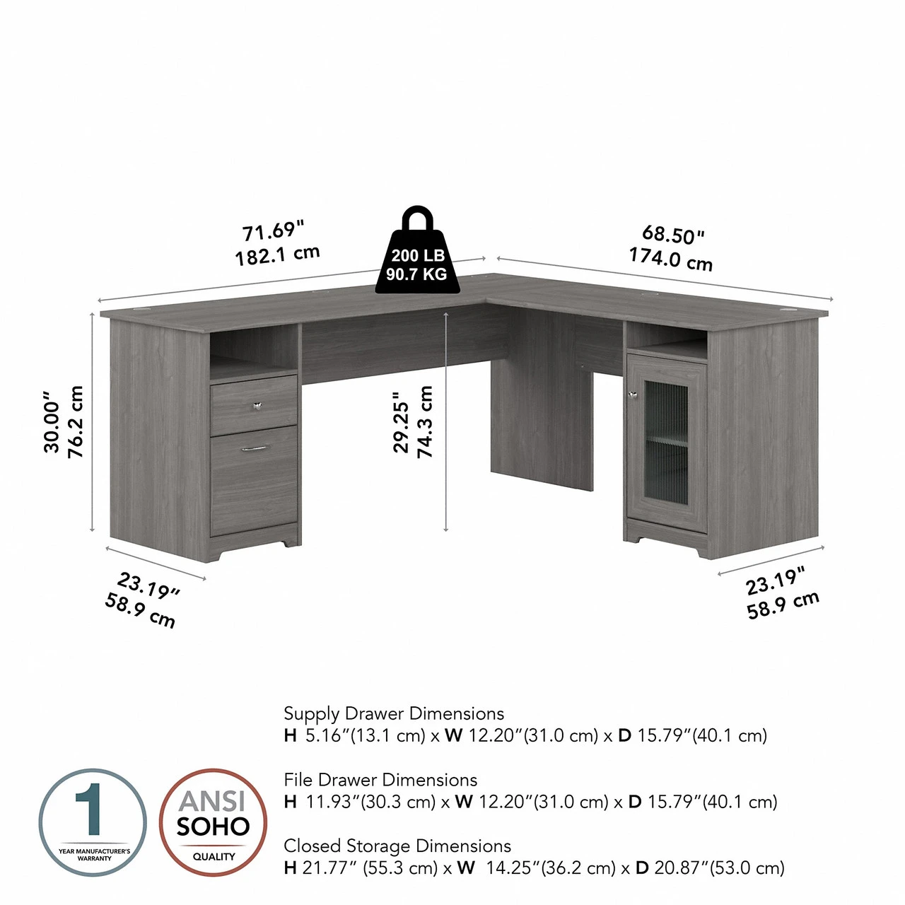 Bush Furniture Cabot Collection 72W L Shaped Computer Desk With Storage Modern Gray - CAB072MG - Image 2