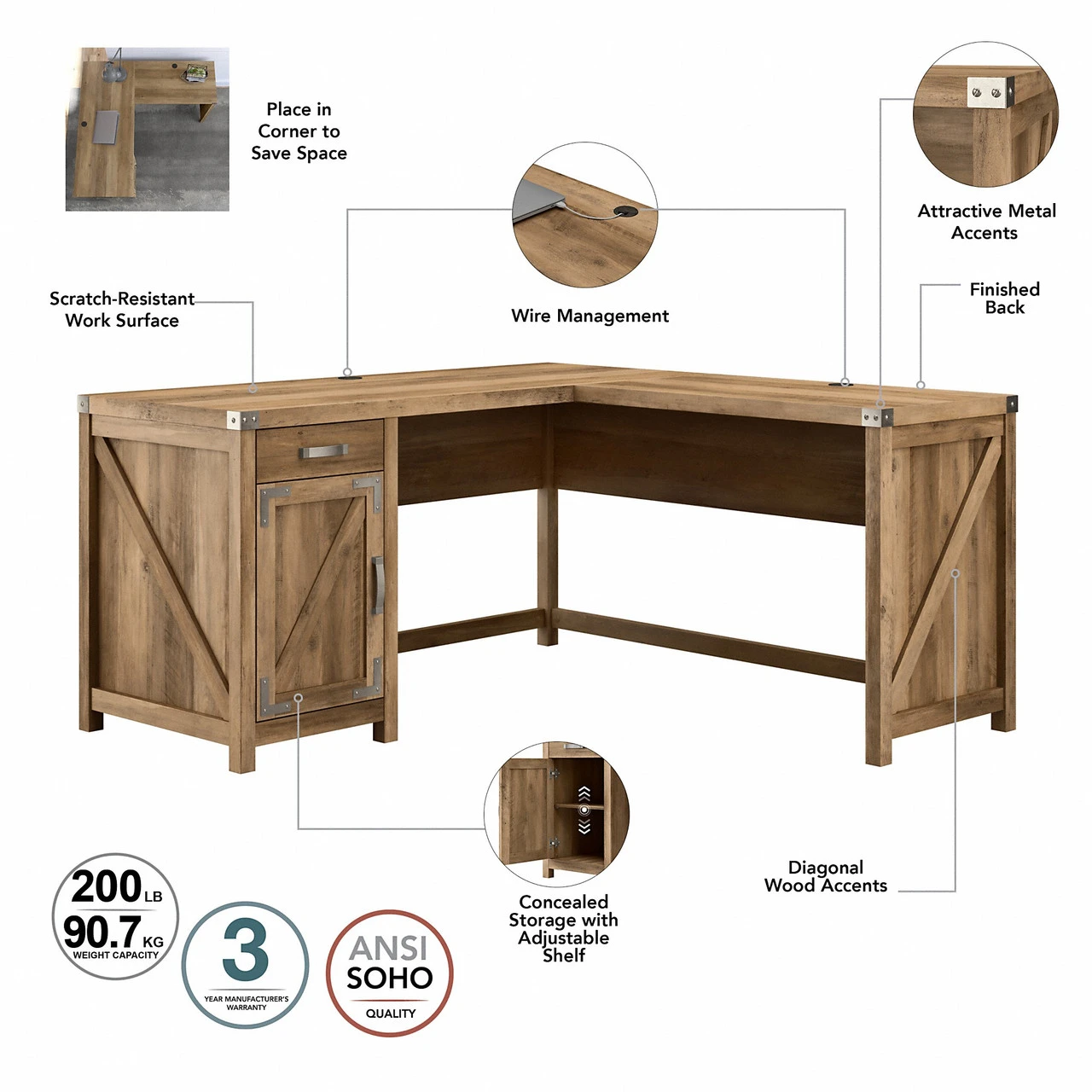 Kathy Ireland Bush Furniture Cottage Grove 60W L Shaped Desk Reclaimed Pine - CGD160RCP-03 - Image 4