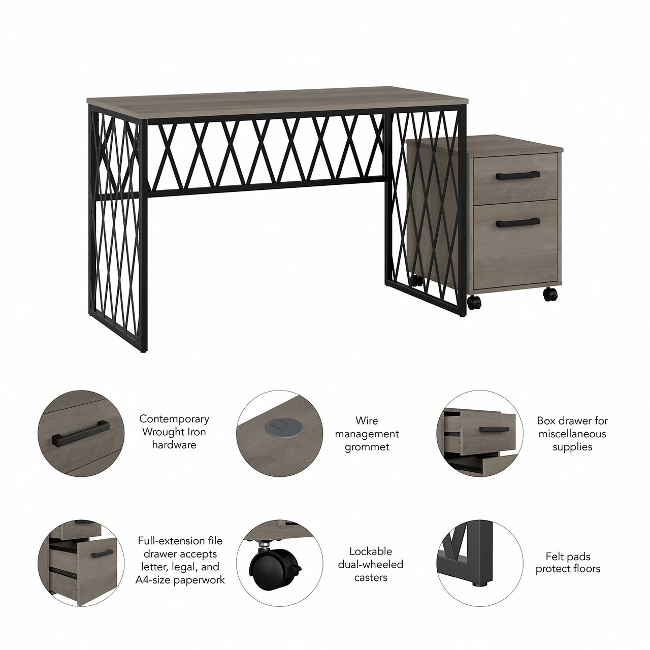 Kathy Ireland Home By Bush Furniture City Park 48W Industrial Writing Desk With Mobile File Cabinet - CPK003DG - Image 6