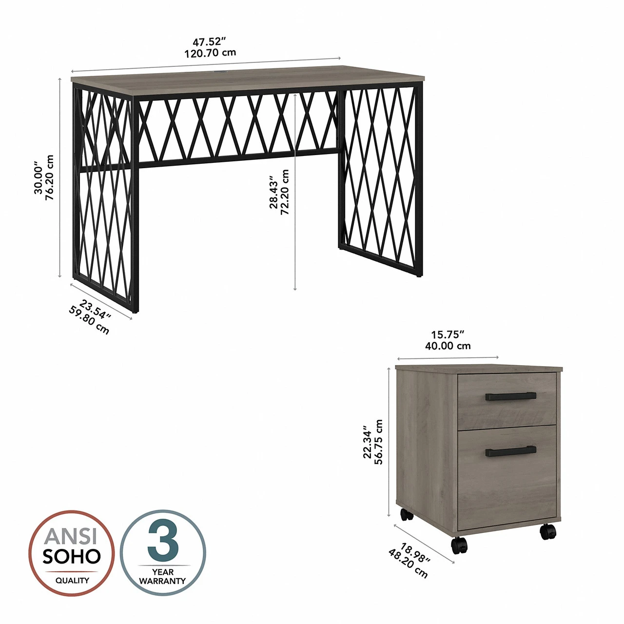Kathy Ireland Home By Bush Furniture City Park 48W Industrial Writing Desk With Mobile File Cabinet - CPK003DG - Image 2