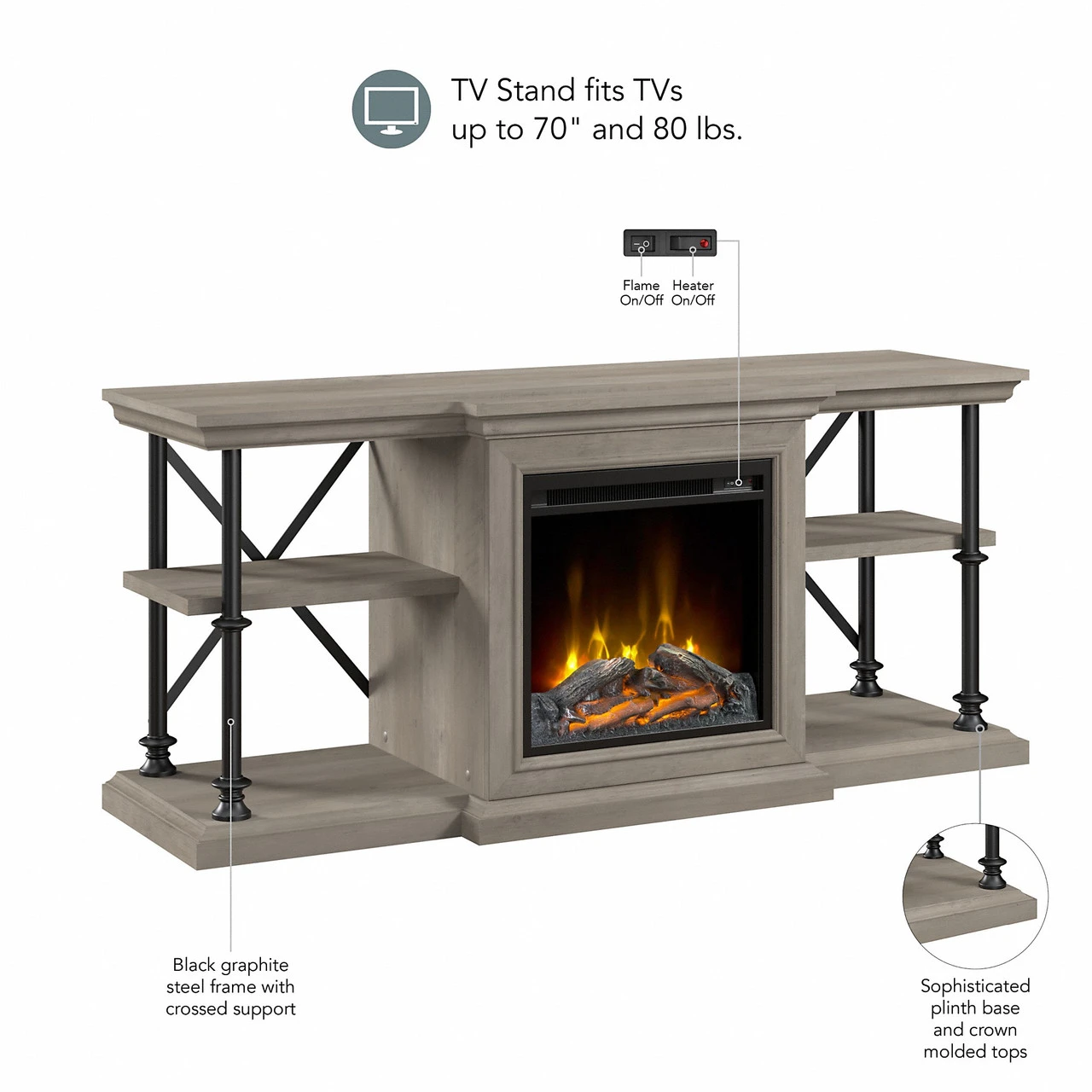 Bush Furniture Coliseum 60W Electric Fireplace TV Stand In Driftwood Gray - CSM001DG - Image 6