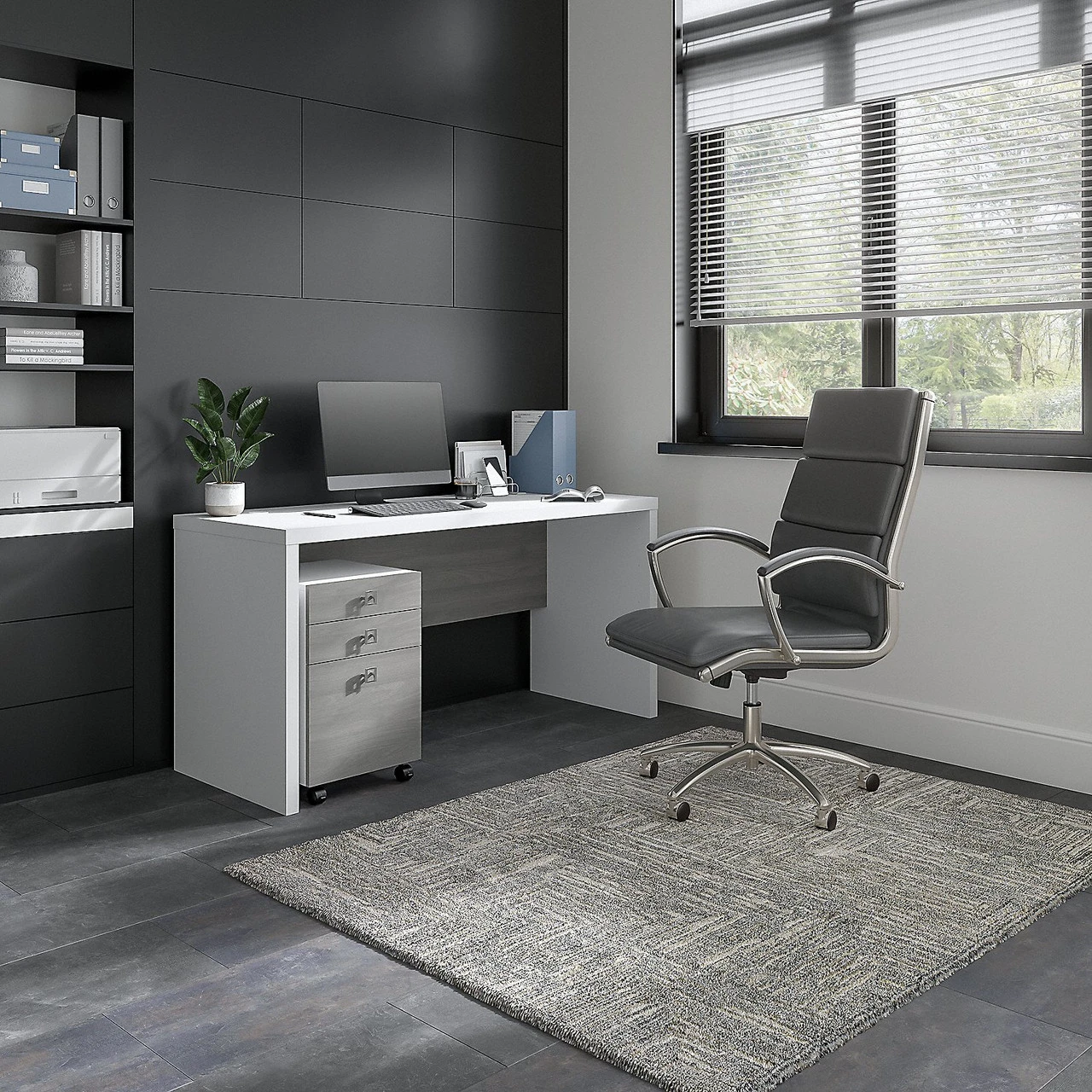 Bush Business Furniture Kathy Ireland Echo 60W Credenza/Desk With 3 Drawer Mobile Pedestal White/Modern Gray - ECH003WHMG - Image 4