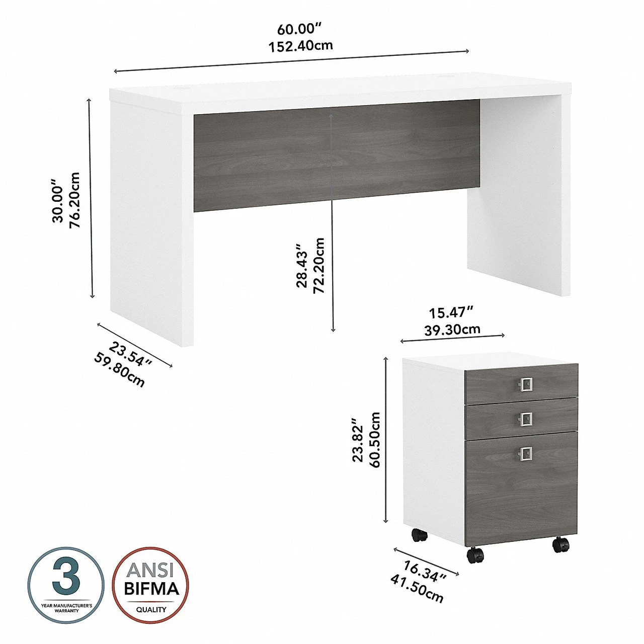 Bush Business Furniture Kathy Ireland Echo 60W Credenza/Desk With 3 Drawer Mobile Pedestal White/Modern Gray - ECH003WHMG - Image 2