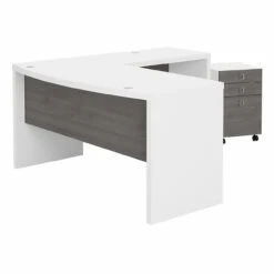 Bush Business Furniture Echo By Kathy Ireland 60W Bow Front Desk W 36W Return And 3 Drawer Mobile Pedestal White/Modern Gray - ECH007WHMG