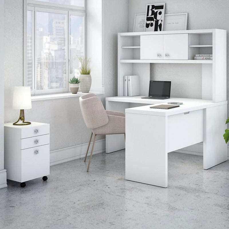 Bush Echo L-Shaped Desk With Hutch And Pedestal File 60" -ECH009PW