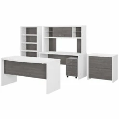 Bush Business Furniture Echo By Kathy Ireland 60W Bow Front Desk Package White/Modern Gray - ECH029WHMG