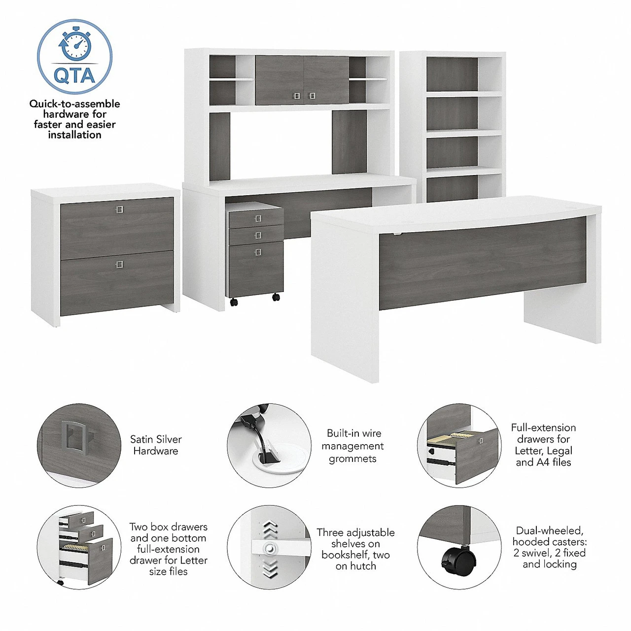 Bush Business Furniture Echo By Kathy Ireland 60W Bow Front Desk Package White/Modern Gray - ECH029WHMG - Image 4