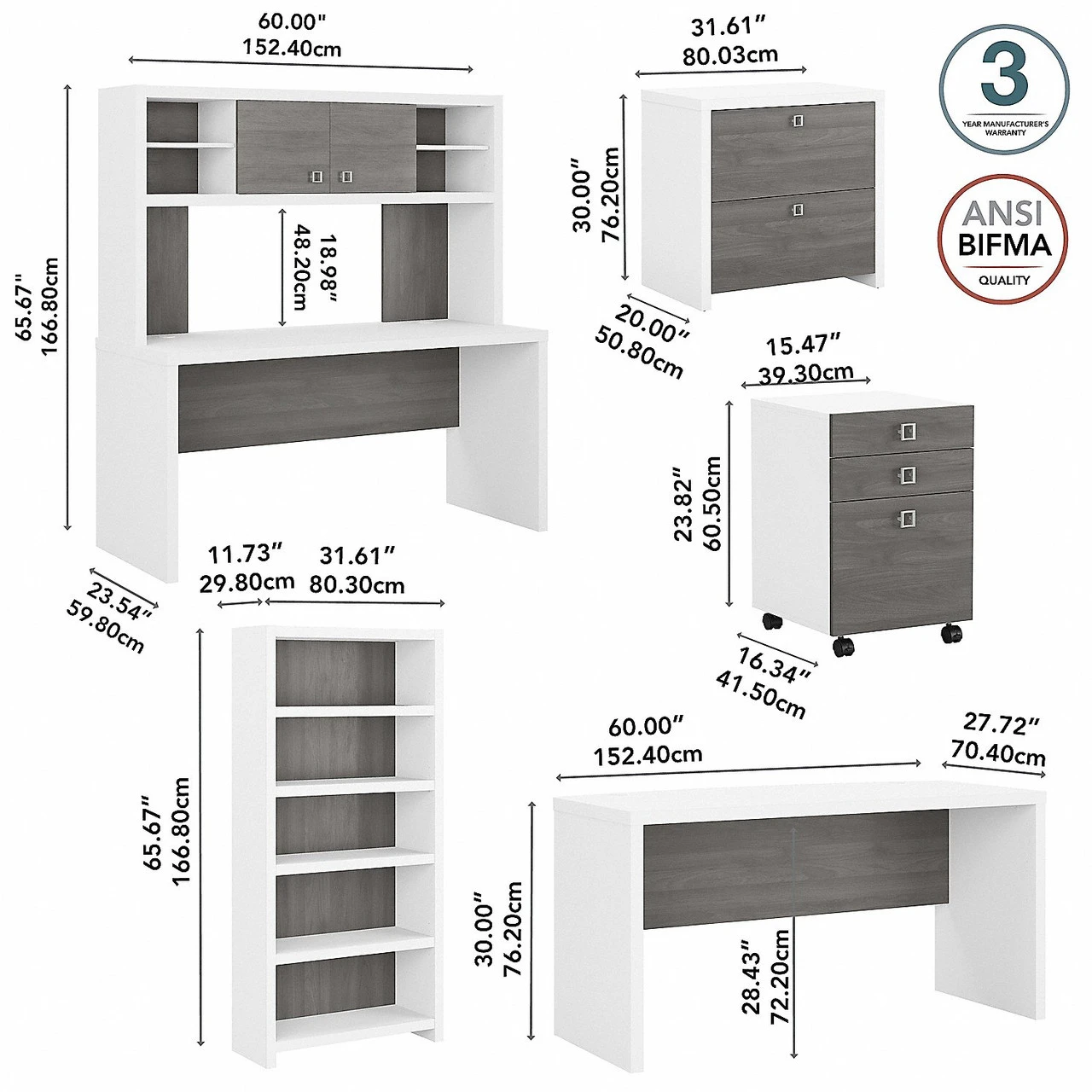 Bush Business Furniture Echo By Kathy Ireland 60W Bow Front Desk Package White/Modern Gray - ECH029WHMG - Image 3