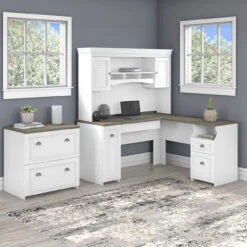 Bush Furniture Fairview 60W L Shaped Desk With Hutch And Lateral File Cabinet In Pure White And Shiplap Gray - FV003G2W