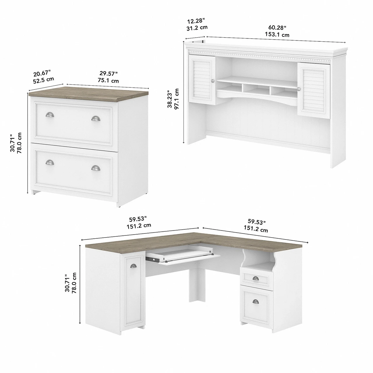 Bush Furniture Fairview 60W L Shaped Desk With Hutch And Lateral File Cabinet In Pure White And Shiplap Gray - FV003G2W - Image 3