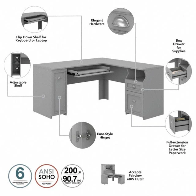 Bush Furniture Fairview 60W L Shaped Desk With Hutch In Cape Cod Gray - FV004CG - Image 4