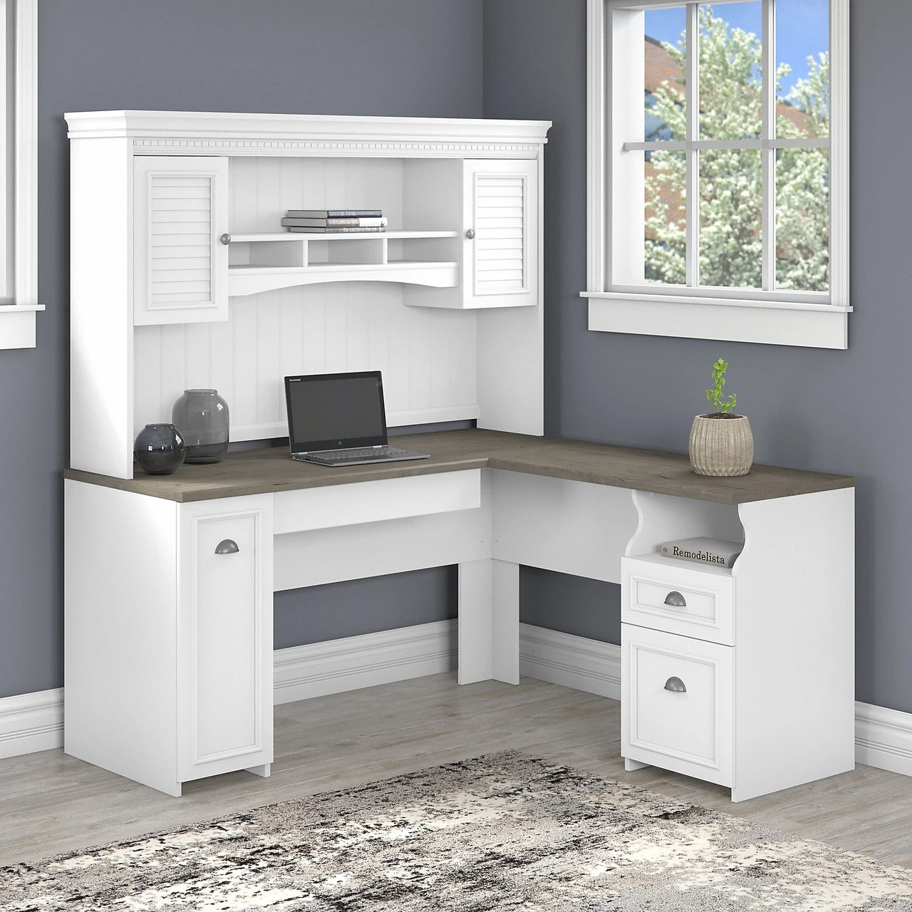 Bush Furniture Fairview 60W L Shaped Desk With Hutch In Pure White And Shiplap Gray - FV004G2W - Image 2