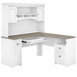 Bush Furniture Fairview 60W L Shaped Desk With Hutch In Pure White And Shiplap Gray - FV004G2W
