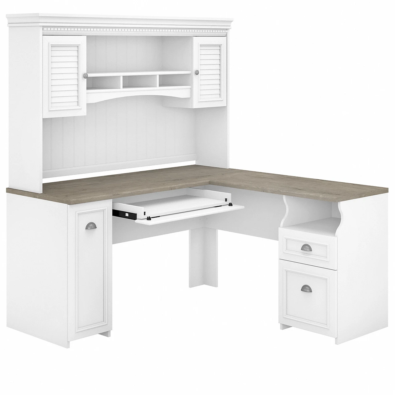 Bush Furniture Fairview 60W L Shaped Desk With Hutch In Pure White And Shiplap Gray - FV004G2W