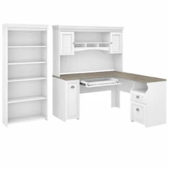 Bush Furniture Fairview 60W L Shaped Desk With Hutch And Bookcase Pure White And Shiplap Gray- FV005G2W